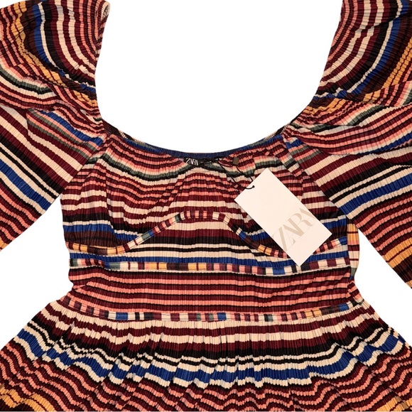 ZARA | NWT | Multi-Color Stripe On-Shoulder Puff Sleeve Corset Mini Dress Medium - Picture 2 of 5